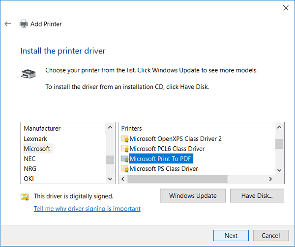 reinstall microsoft print to pdf driver