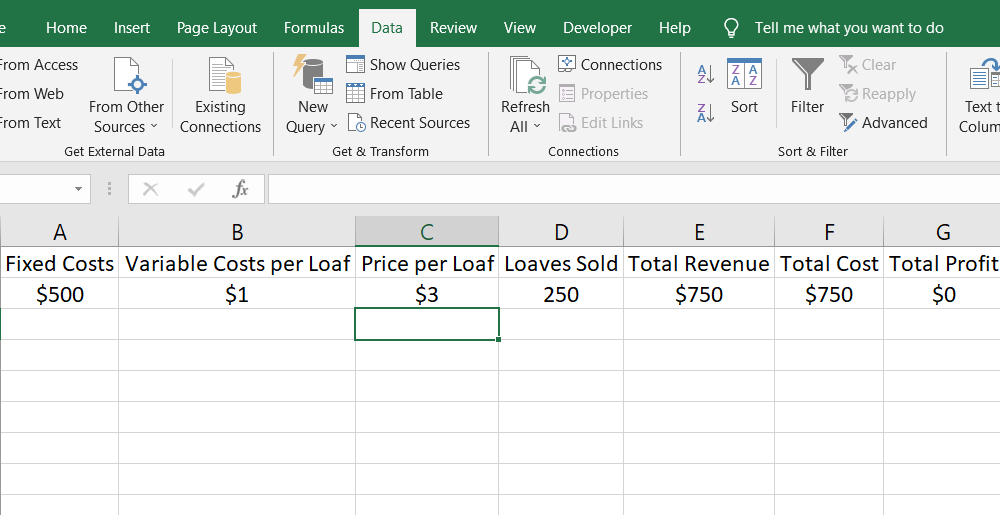 What-If analysis with Goal Seek shows that you need to sell 250 loaves of bread each day to break even