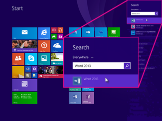 How to find Office Apps on Windows 8. Type the application name in the Search box
