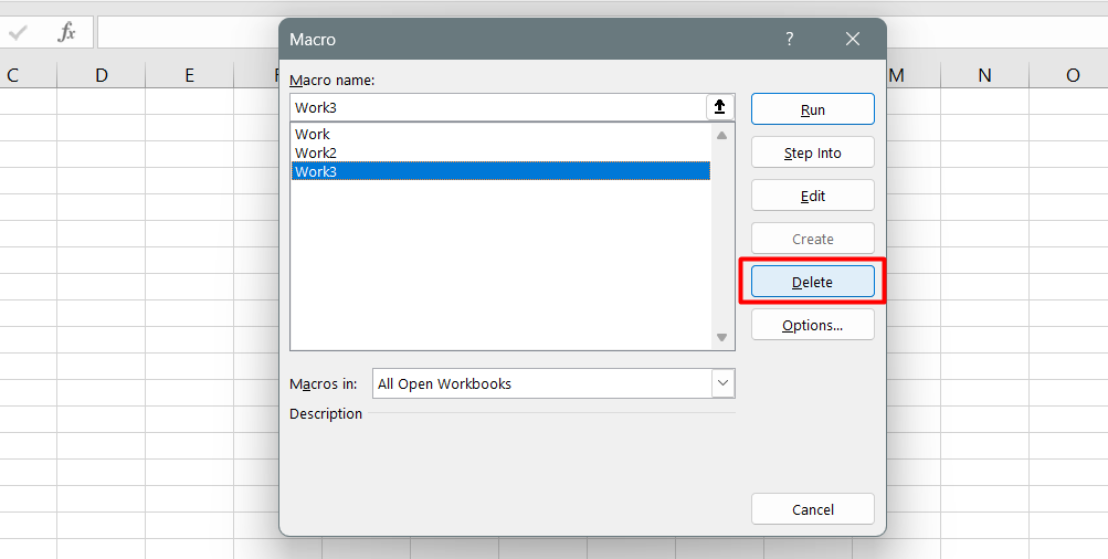 Click the delete button to remove the macro from the workbook.