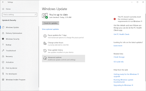 Windows Update > Advanced Options