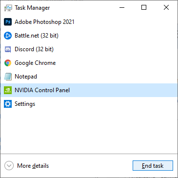 task manager > painel de controle da nvidia