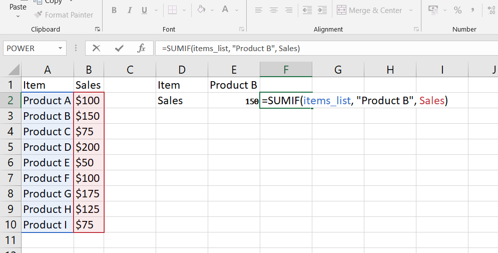 След това, когато искате да изчислите общите продажби за конкретен артикул, можете да използвате формулата SUMIF и да предоставите имената вместо препратки към клетки.