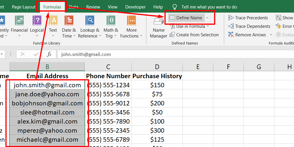 On the Formulas tab, click the Define Name button in the Define Names group.