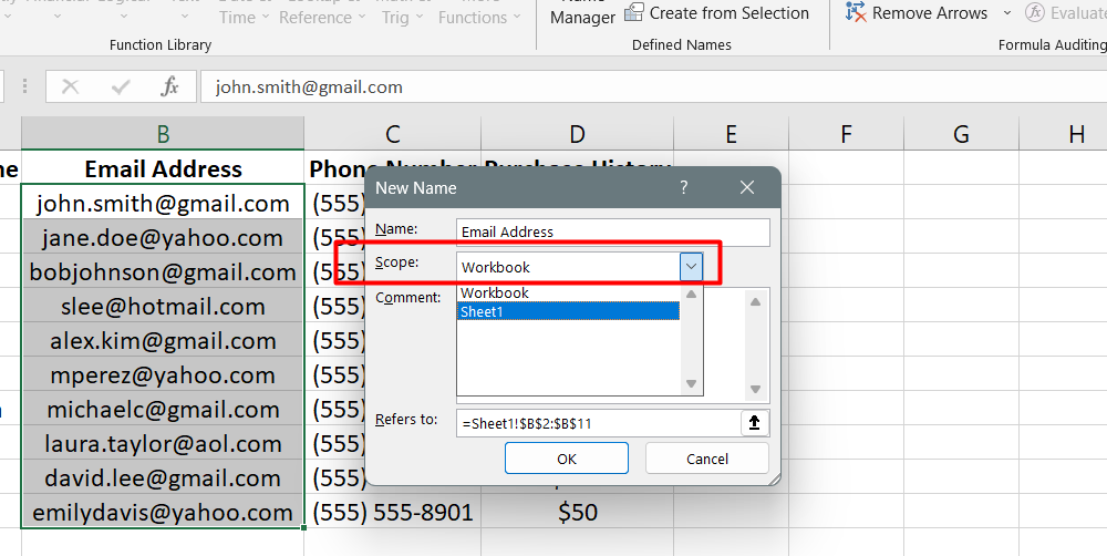 Select the scope of the named range from the Scope dropdown. By default, it's set to Workbook, meaning the name will be available throughout the entire workbook.