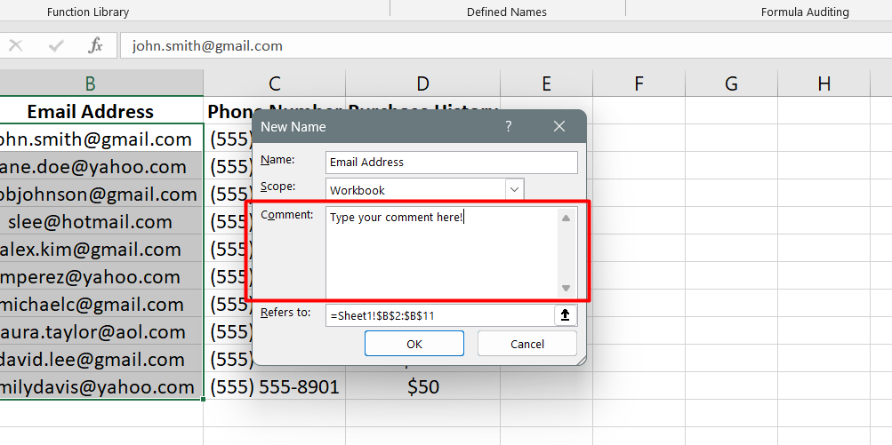 You can add a comment to help explain the purpose of the named range.