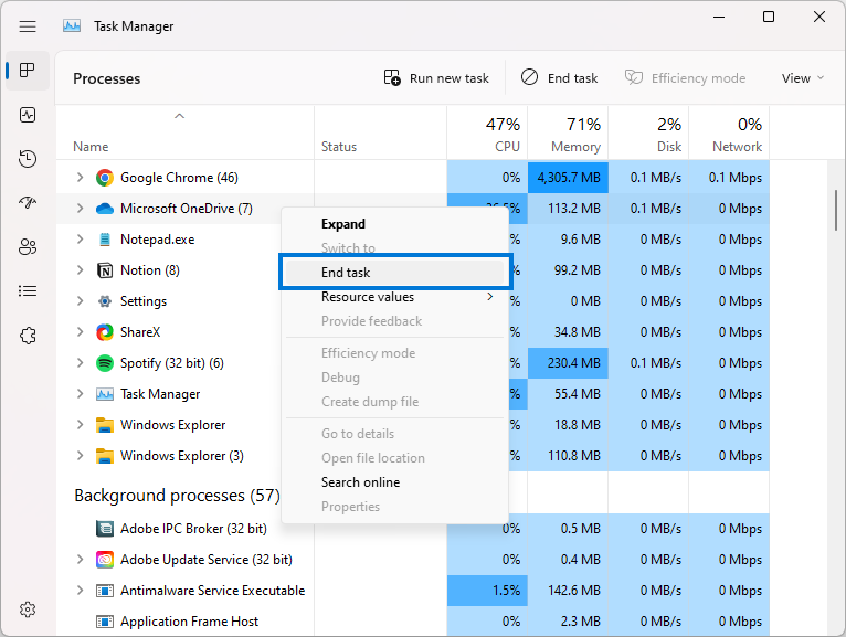 Task Manager > Επαναφορά Onedrive
