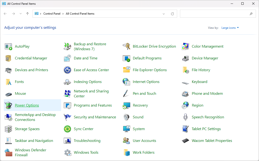 Control panel power options