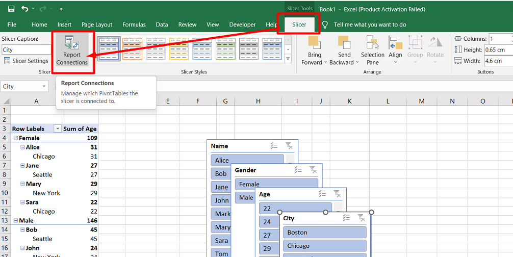 Click the slicer and go to the Slicer tab > Report Connections.