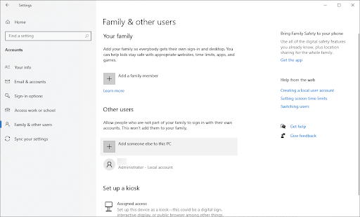 Family & other users > Ajouter quelqu'un d'autre à ce PC