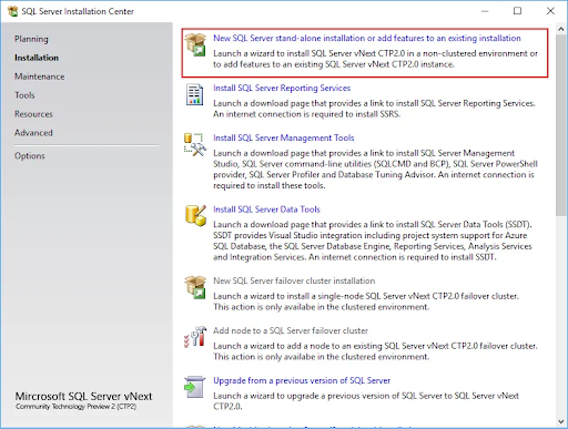 SQL Server Installation center