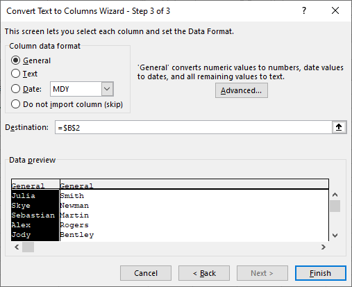 use the first columns function to separate first and last names inexcel