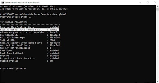 netsh interface tcp show global