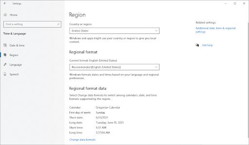 set country and region