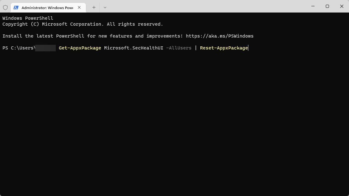 Get-AppxPackage Microsoft.SecHealthUI -AllUsers | Reset-AppxPackage