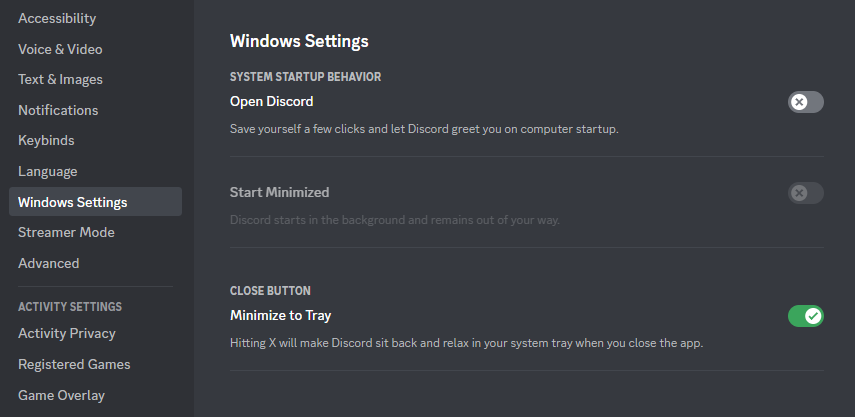 Windows settings