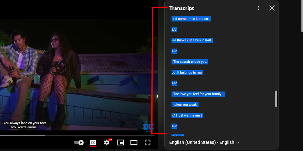 Utilisez votre souris pour cliquer et faire glisser votre curseur sur toute la transcription pour la mettre en surbrillance.