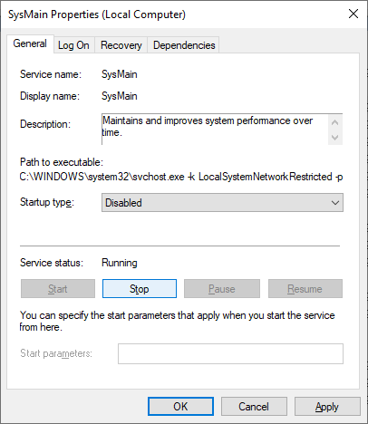 dsiable sysmain