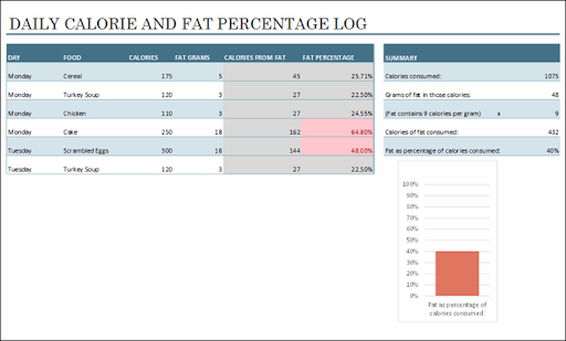 daily food calorie and fat log template for excel