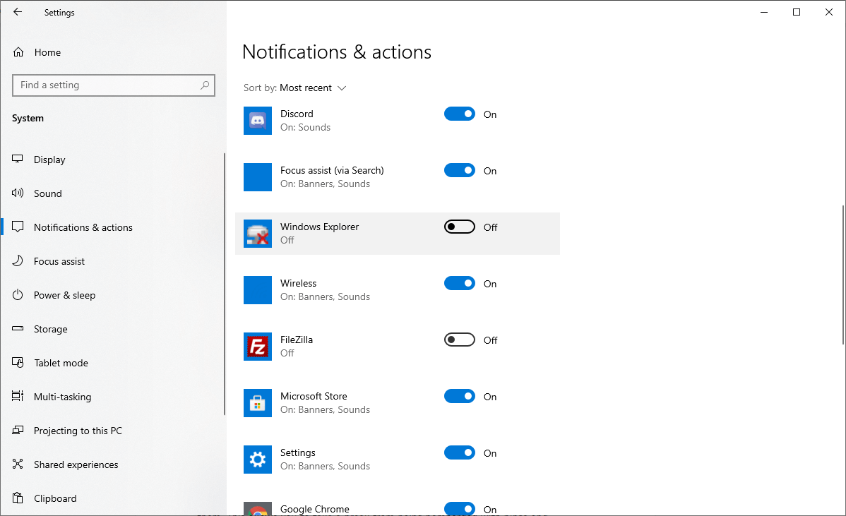 Disable individual app notifications on Windows 10