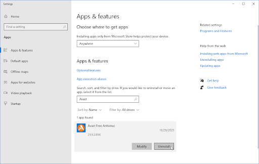 uninstall avast
