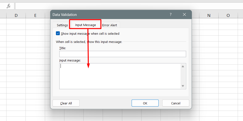Once the validation rule is configured, you can add an input message to display to the user when they select the validated cell. This message explains what data is allowed in that cell.