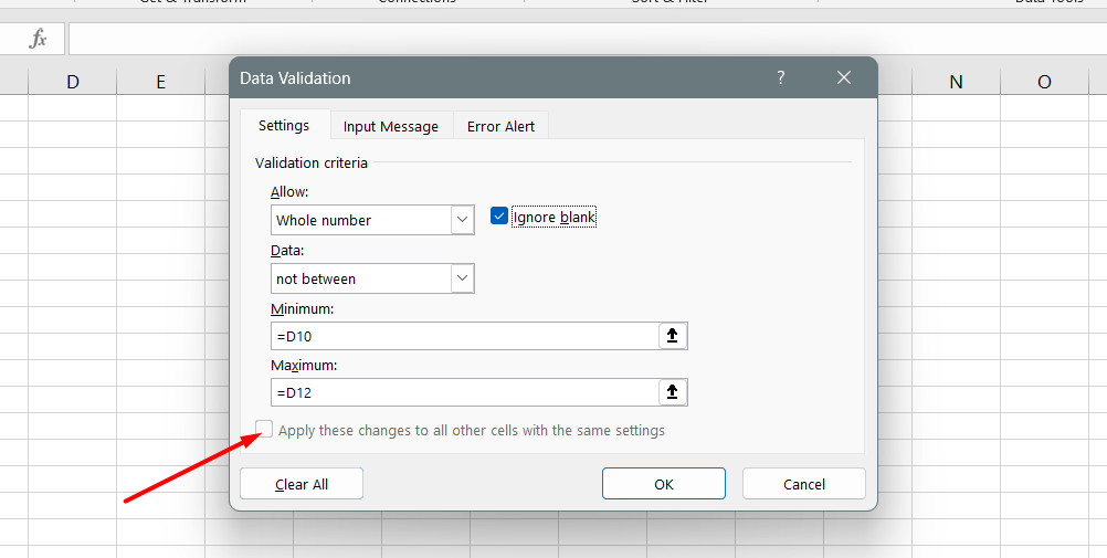 Modification de la validation des données dans Excel