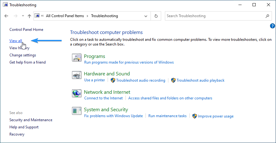 view all troubleshooters