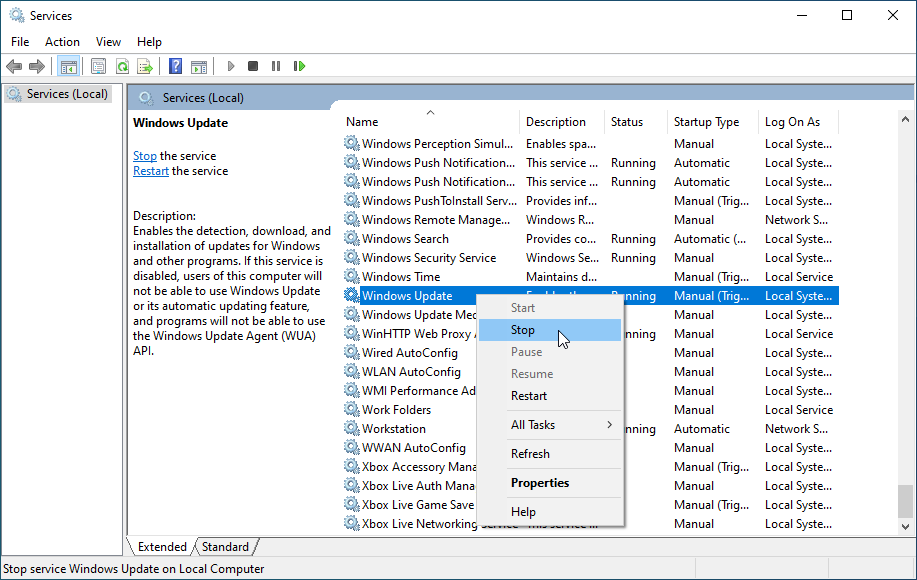 stop windows update service