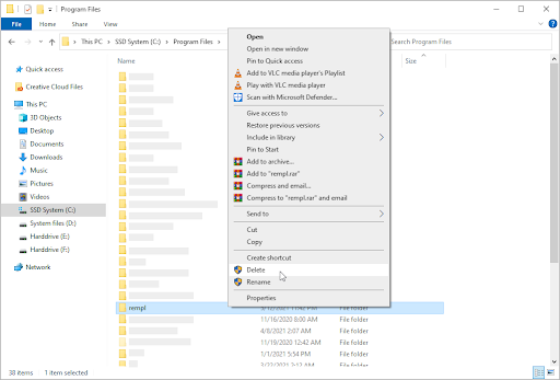 Използване на File Explorer и контекстното меню за изтриване на папката rempl.