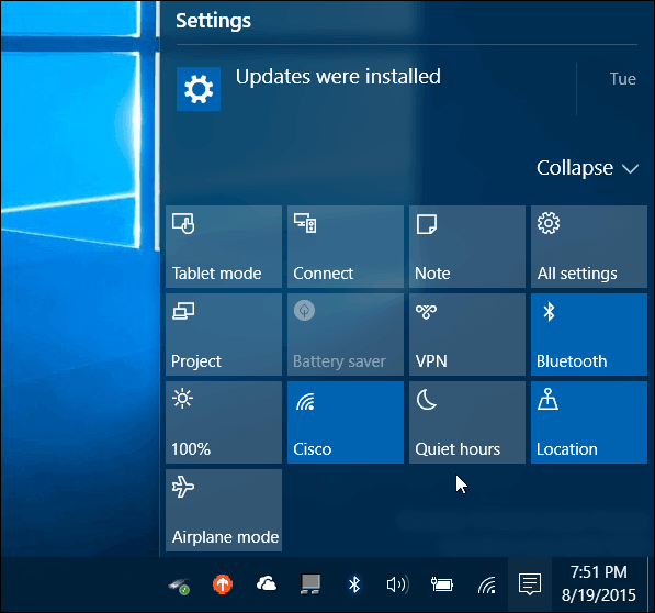 centre d'action Windows 10