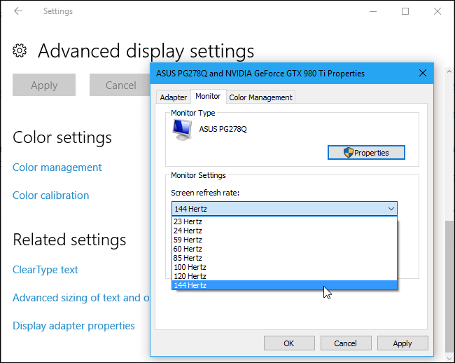 Taux de rafraîchissement de l'écran Windows 10