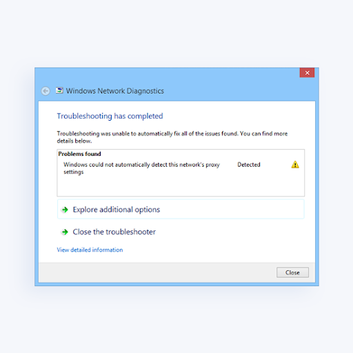 Windows Network Diagnostics “Windows could not automatically detect this network’s proxy settings” error