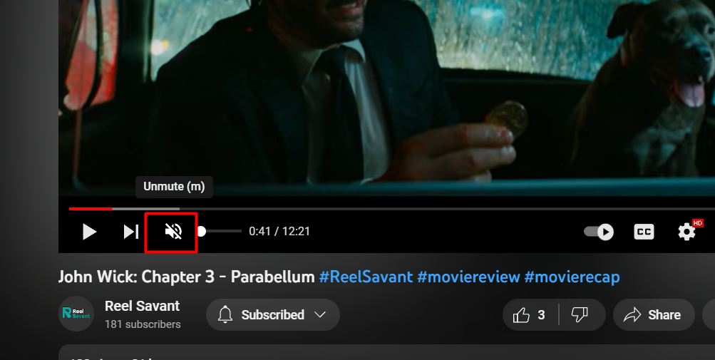 To unmute the video, click the crossed-out icon once or press the M key on your keyboard.