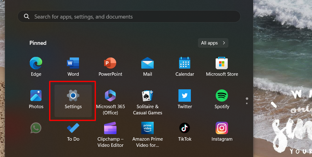 Click on the Windows icon in the bottom left of your screen to bring up the Start menu. Then, click on Settings, which looks like a gear icon.