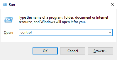 Windows run dialog box > control panel