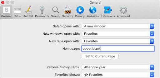 remove about.blank form safari