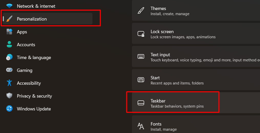 Personalization page and click on Taskbar