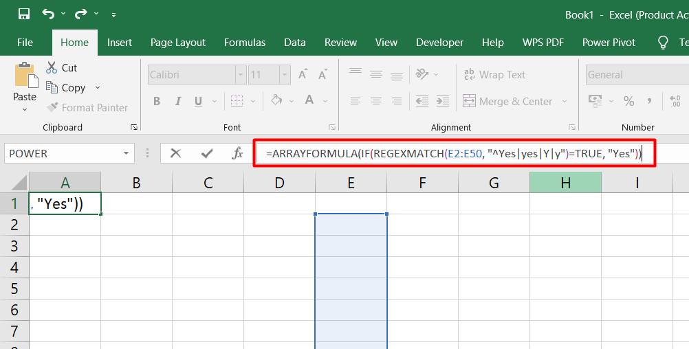 Entrez la formule suivante : =ARRAYFORMULA(IF(REGEXMATCH(E2:E50,