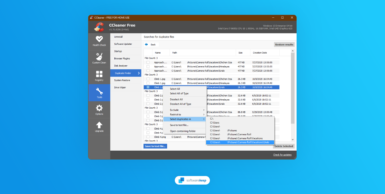 CCleaner dupicate finder for Windows 10