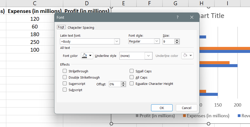 In the Font dialog box, navigate to the Font tab and choose your desired formatting options.
