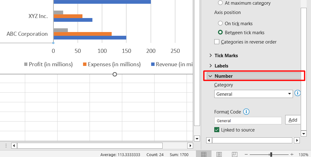 If the Number section is not visible, ensure you have selected a value axis (usually the vertical axis on the left).