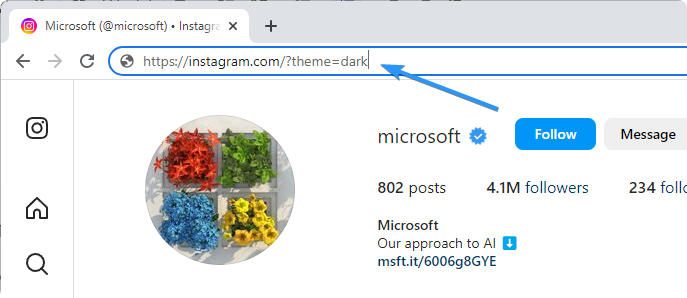 потребителски URL адрес на тъмен режим за instagram