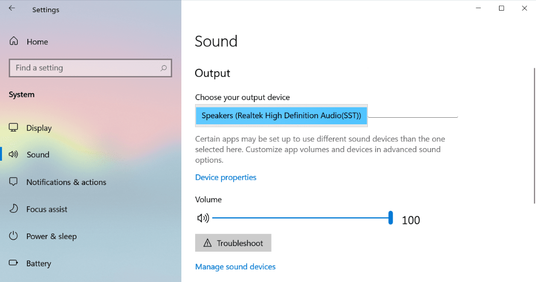 choose your output device in windows 10