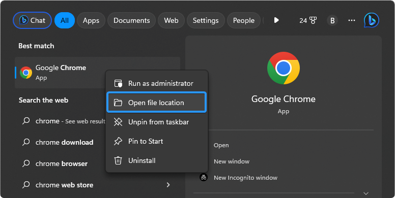 open chrome shortcut location