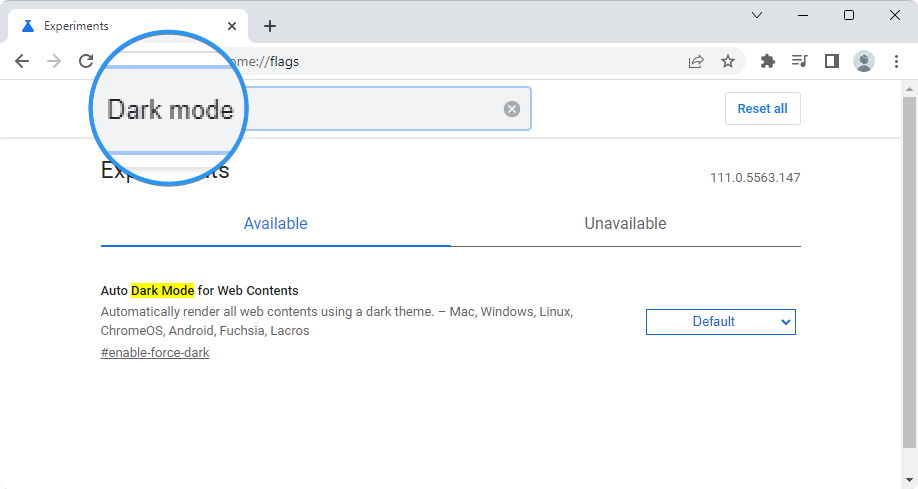 look up dark mode flag in chrome