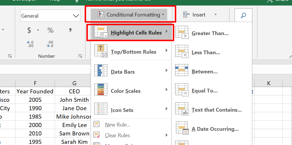 Choose different Highlight Cell Rules, such as Text that Contains.