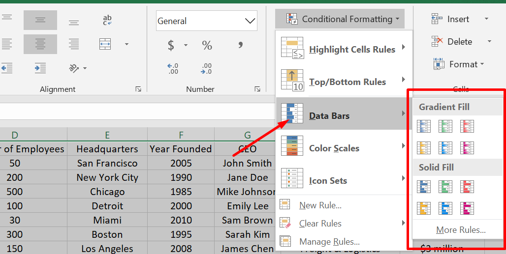 Point to Data Bars, and choose a gradient or solid fill