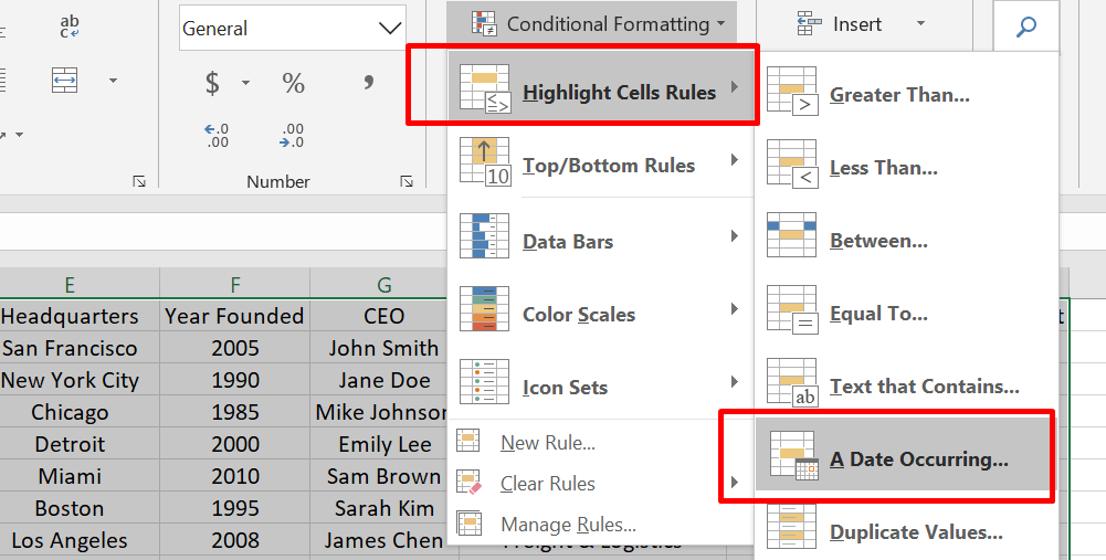 Sélectionnez Mettre en surbrillance les règles de cellule et choisissez Une date se produisant