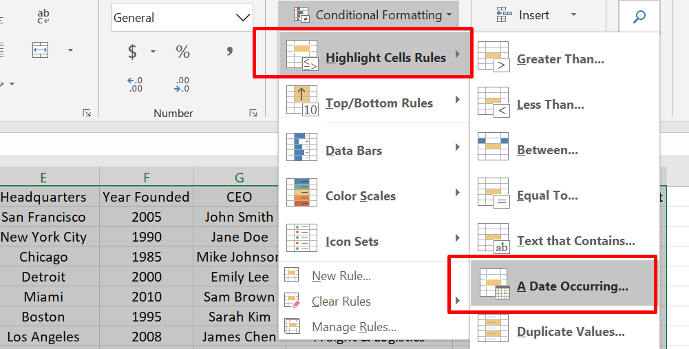 Select Highlight Cell Rules and choose A Date Occurring